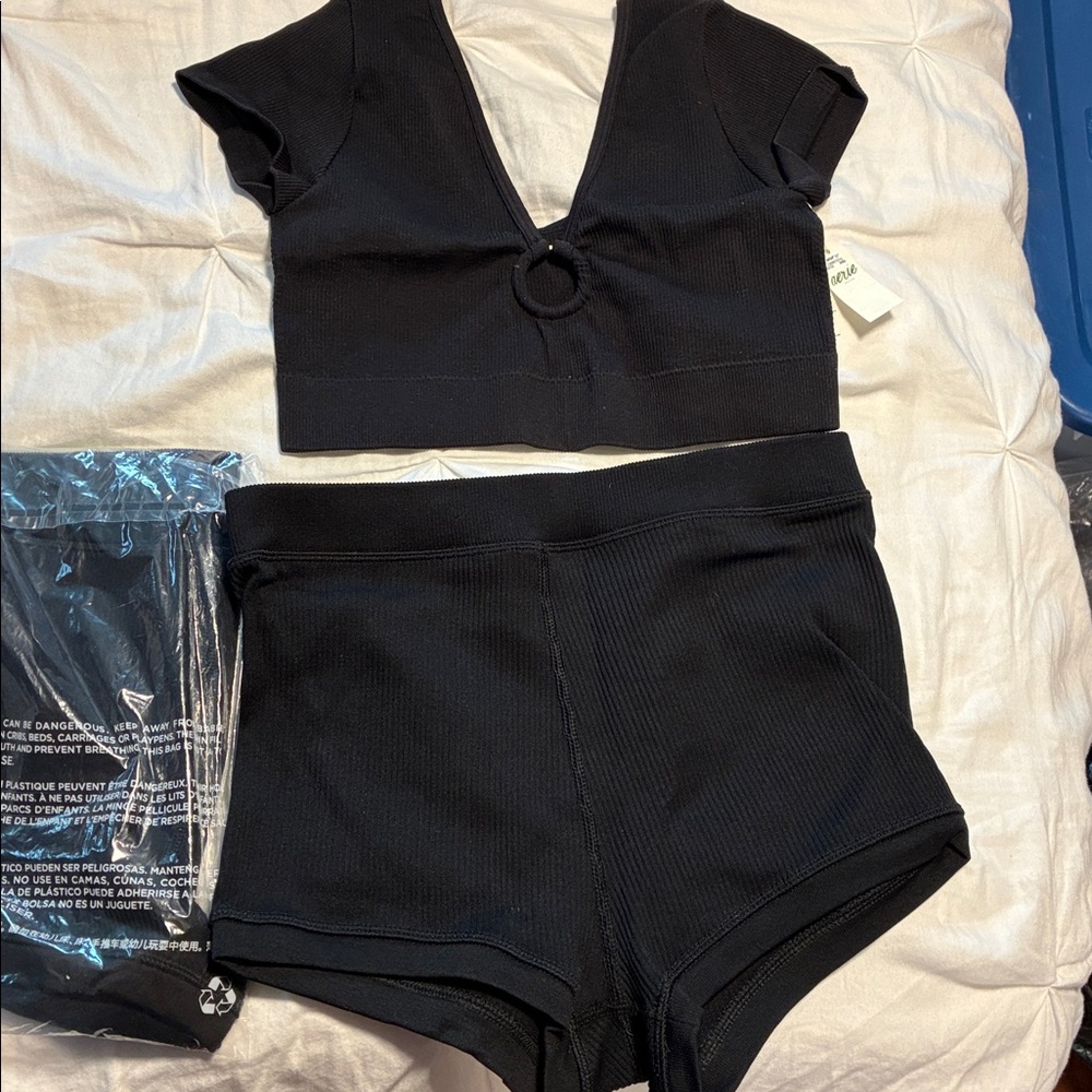 Aerie Black Two-Piece Set with V-Neck Top and Shorts x 2